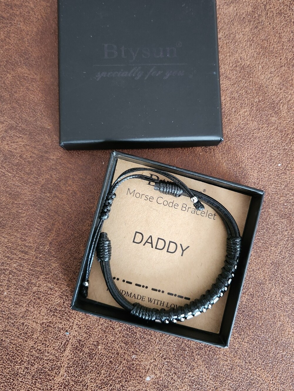 Morse Code "DADDY" Black Leather Bracelet